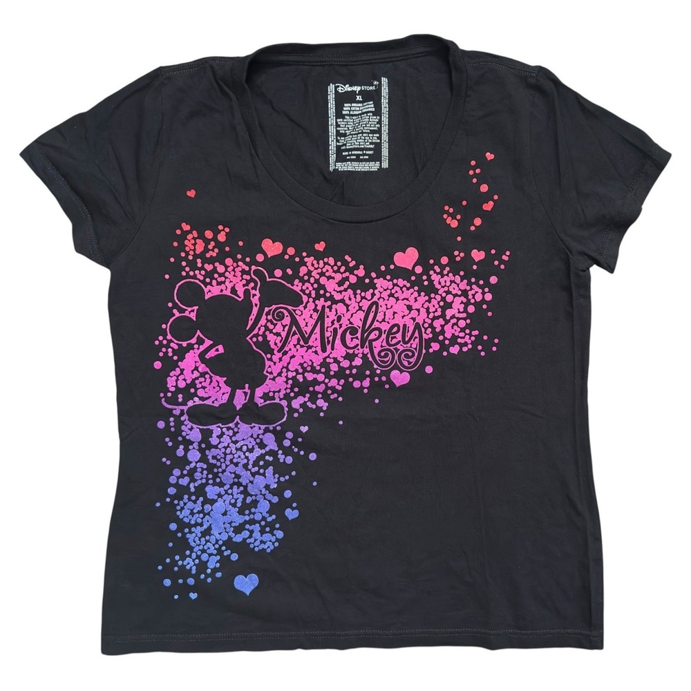 Disney Store Mickey Mouse Glitter Shirt Scoop Neck Ombre Pink Purple Hearts XL